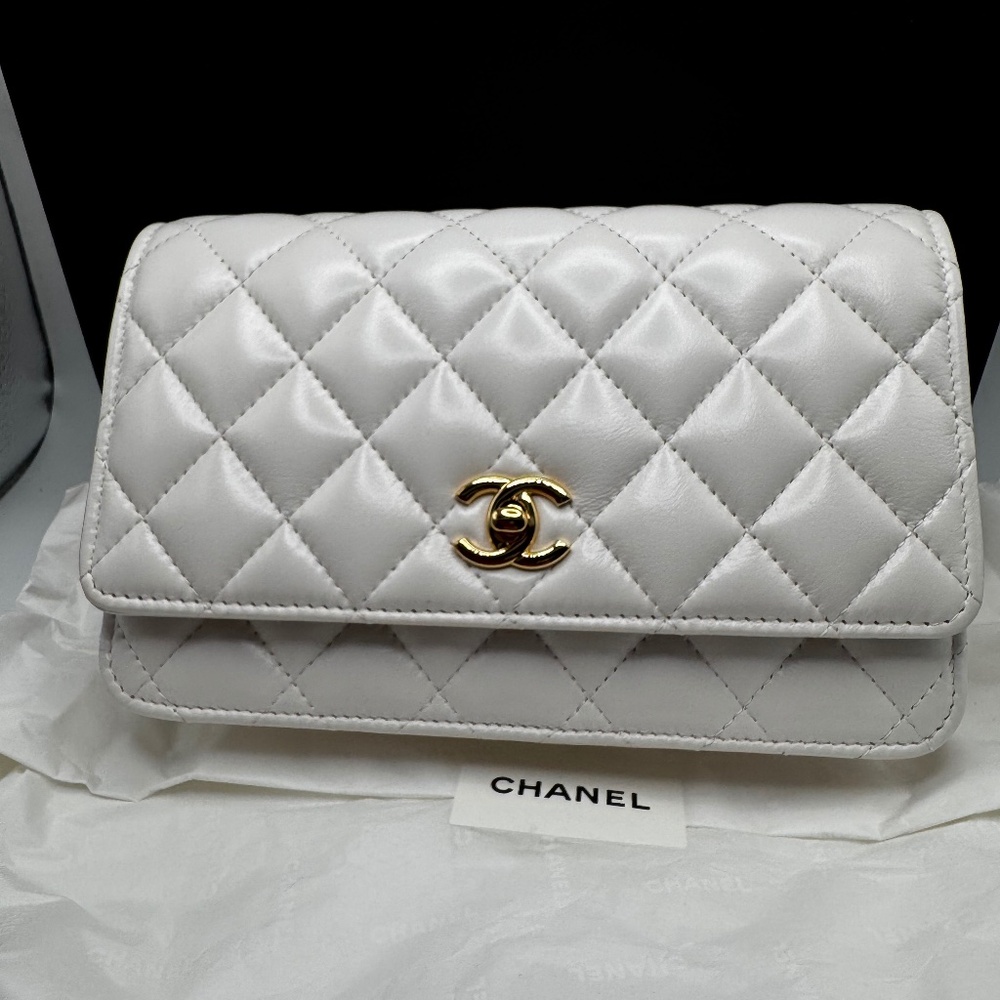 Chanel white ceramic hearts on chain wallet on chain.